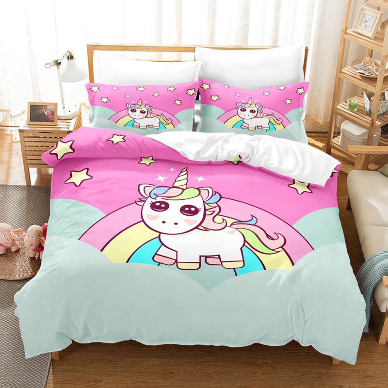Housse de Couette et Deux Taies Enfant 3D Licorne 140cm-Maisonfans.com