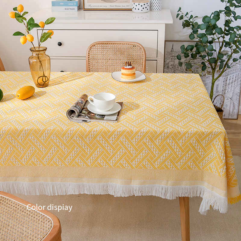 Nappe de table en Lin Tissée Jacquard Franges Jaune Blanc Kaki-Maisonfans.com