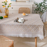 Nappe de table en Lin Tissée Jacquard Franges Jaune Blanc Kaki-Maisonfans.com