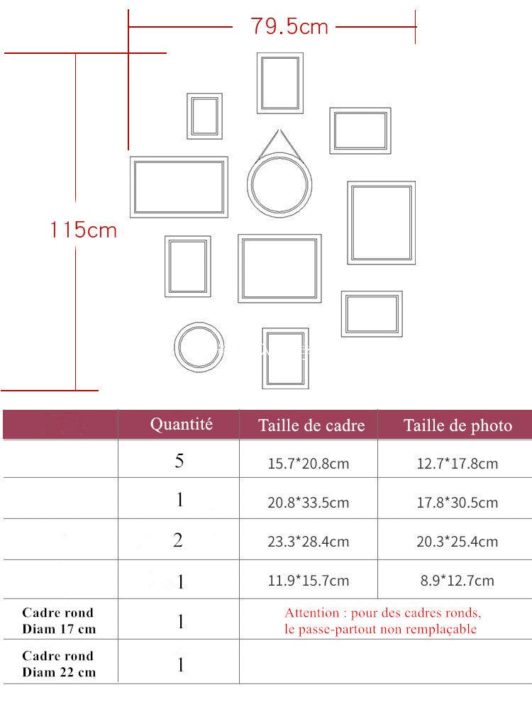 Lot de 11 cadres photos en bois naturel noir et blanc 79.5 × 115 cm