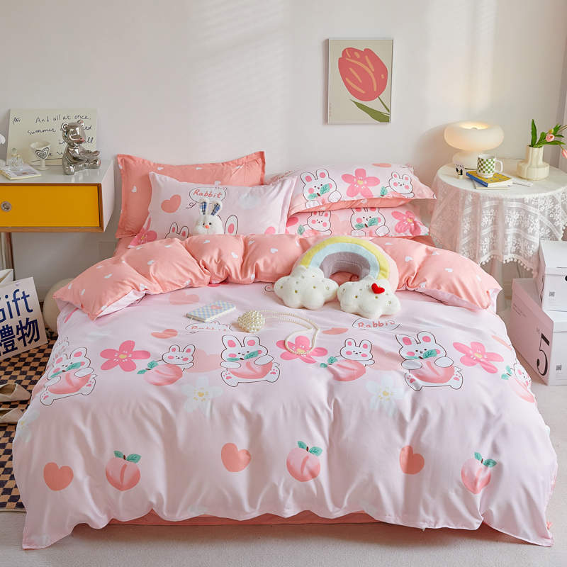 Housse de Couette et Deux Taies Lapin Rose 140cm Chambre Enfant Fille