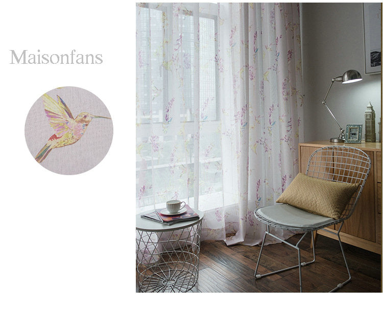 Voilage rideau à œillets oiseau-mouche fleur imprimé bleu rose