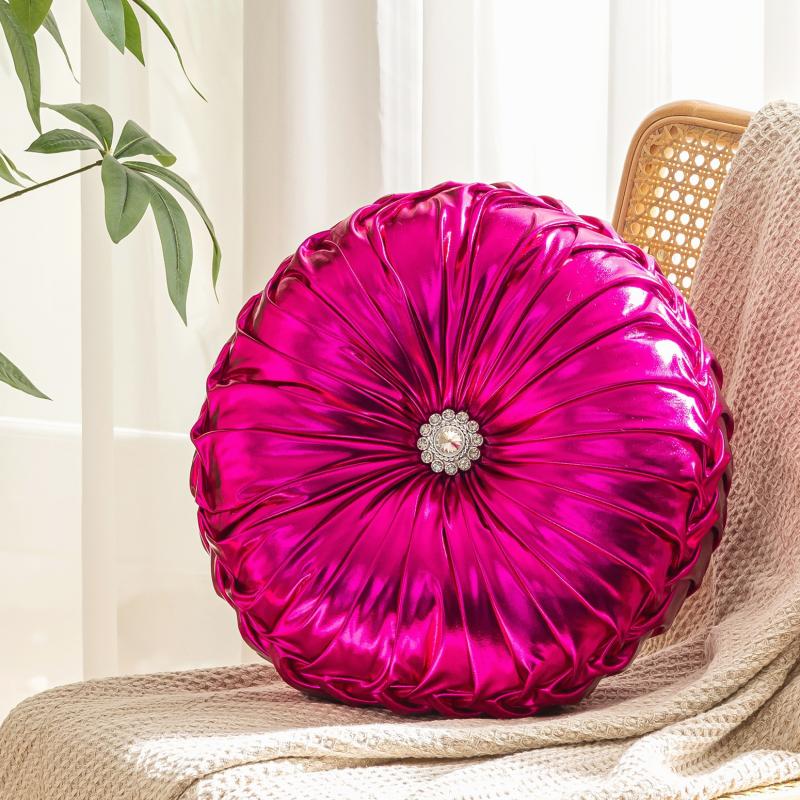 Coussin de Canapé Rond Plissé Brillant 35cm Citrouille Roue de Voiture Fuchsia