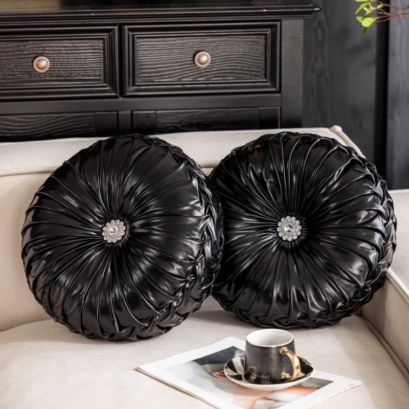 Coussin de Canapé Rond Plissé Brillant 35cm Citrouille Roue de Voiture Noir
