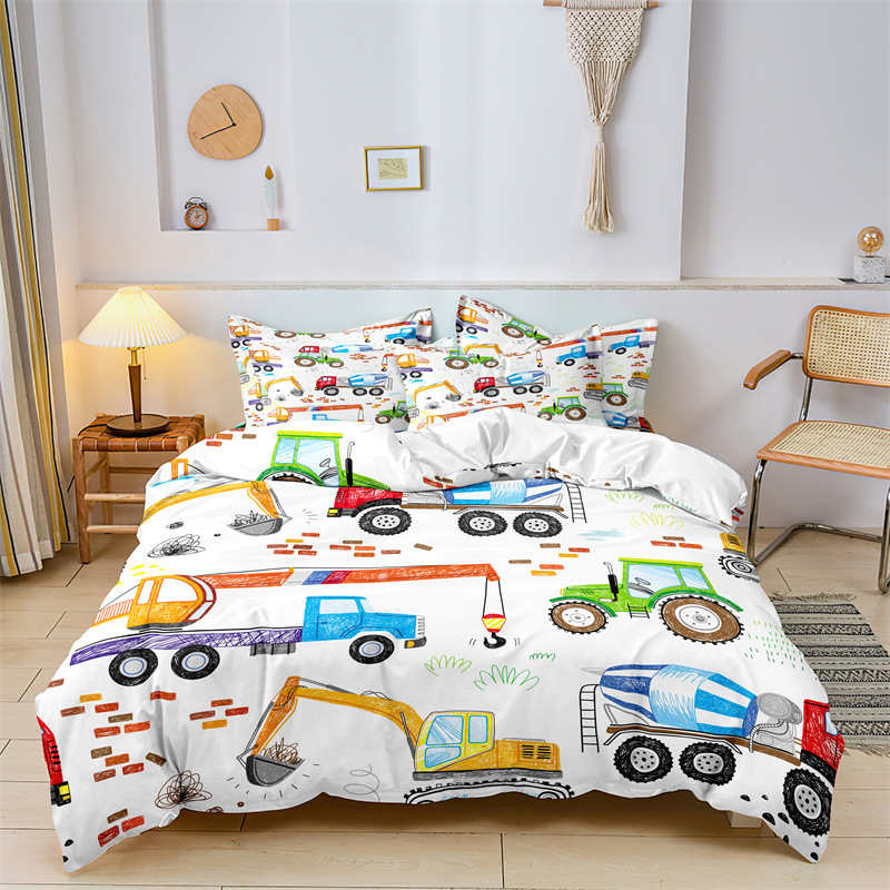 Housse de Couette Enfant et Deux Taies 3D Pelleteuse Garçon 140cm 240cm