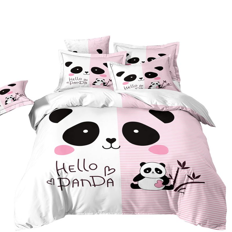 Housse de Couette 3D Panda Rose Parure de lit Enfant Fille