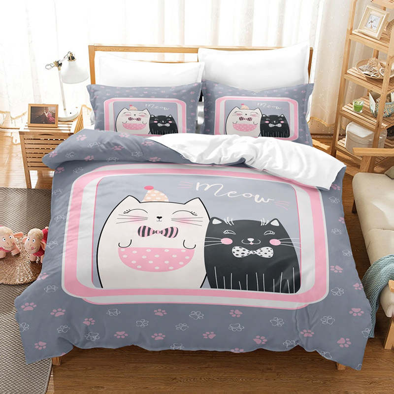 Housse de Couette Enfant et Deux Taies 3D Chat Fille Rose 1 Personne