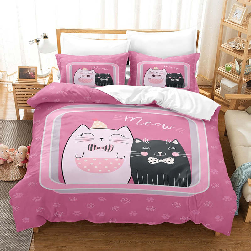 Housse de Couette Enfant et Deux Taies 3D Chat Fille Rose 1 Personne