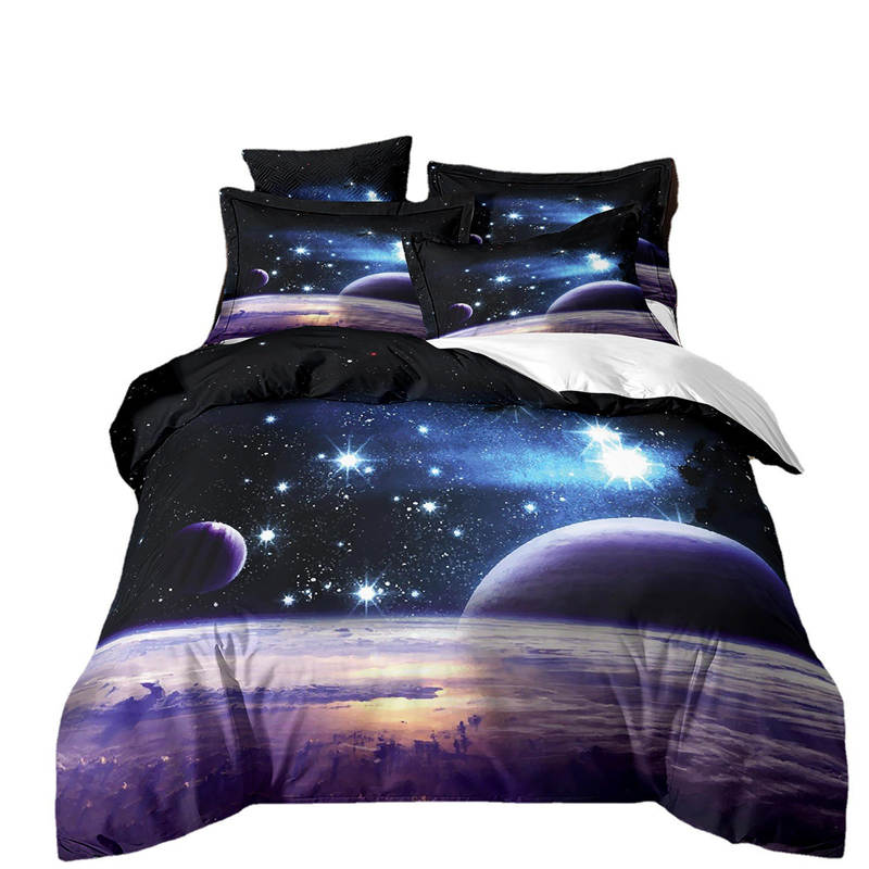 Housse de Couette 3D Etoile et Deux Taies Planête 2 personnes Violet