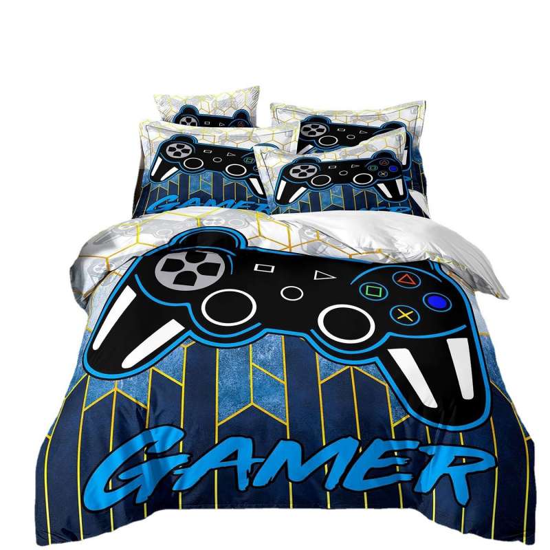 Housse de Couette et Deux Taies 3D Manette Bleu 2 Personnes Adulte