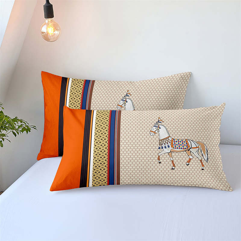 Housse de Couette Cheval et Deux Taies d'Oreiller Orange 2 Personnes