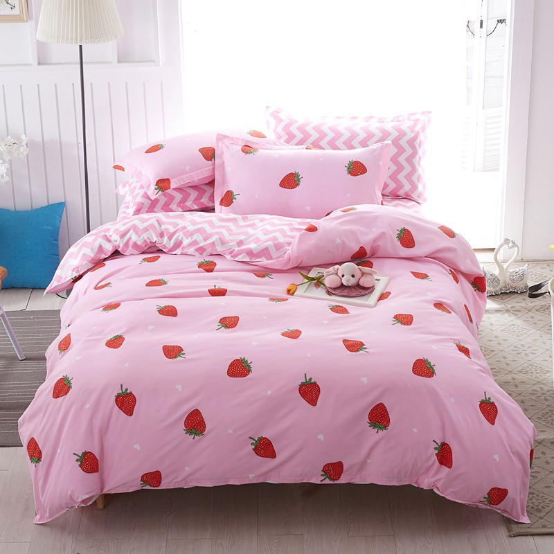 Housse de couette Enfant et Deux Taies d'Oreiller Fraises Rose Fille