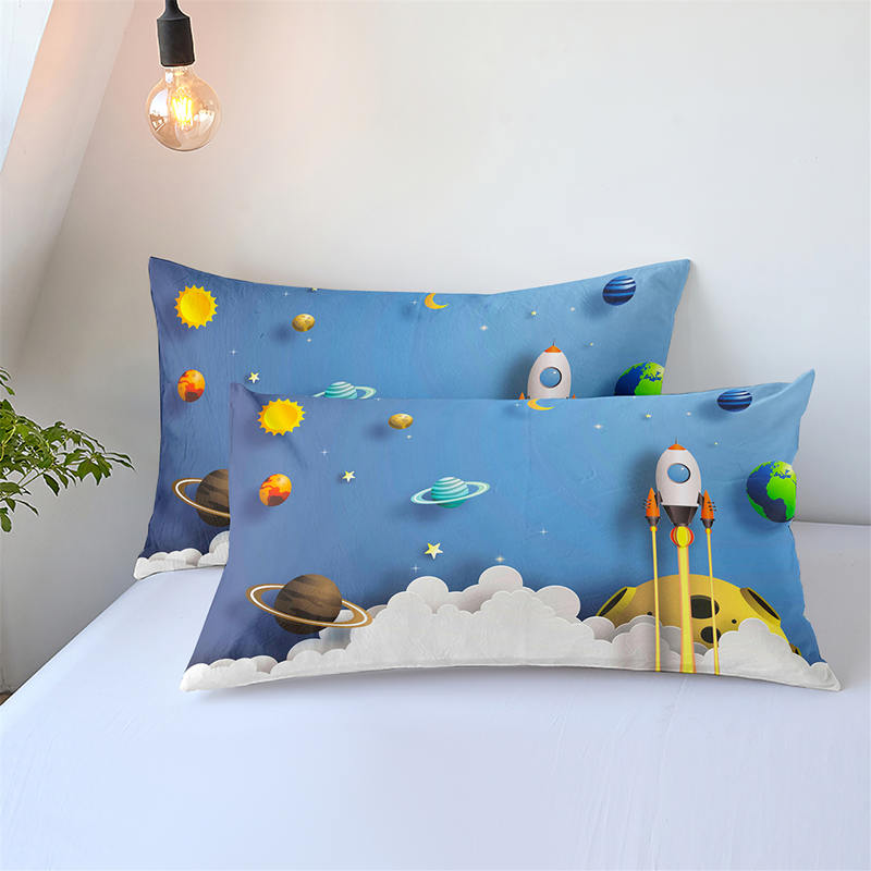 Housse de Couette Enfant et Deux Taies 3D Fusée Bleu Garçon 1 Personne