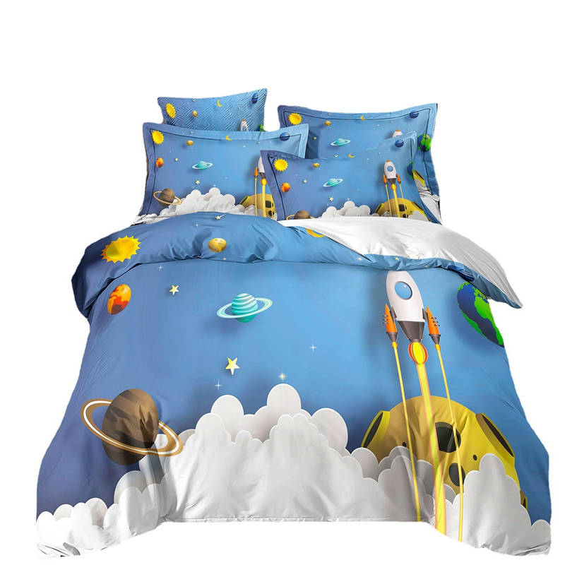 Housse de Couette Enfant et Deux Taies 3D Fusée Bleu Garçon 1 Personne