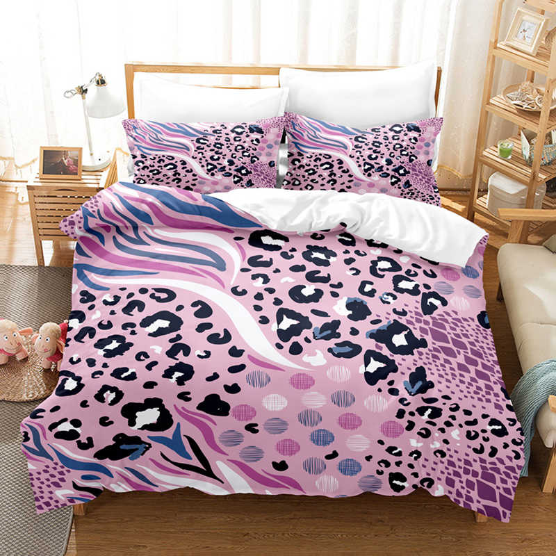Housse de Couette et Deux Taies d'Oreiller Leopard 240cm Rose Fille 2 Personnes