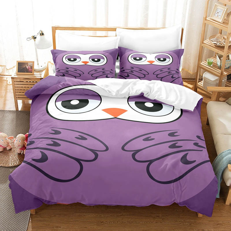 Housse de Couette et Deux Taies 3D Hibou Violet 140cm