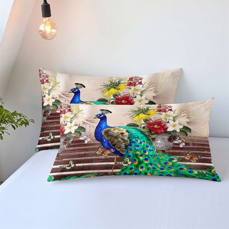Housse de Couette et Deux Taies Paon 240cm 2 Personnes Campagne