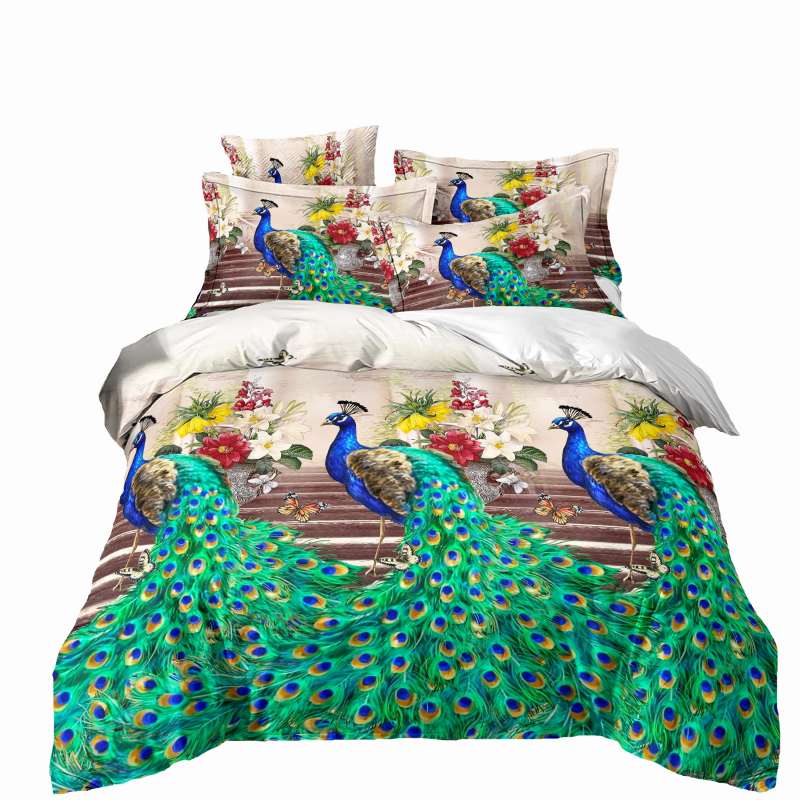 Housse de Couette et Deux Taies Paon 240cm 2 Personnes Campagne