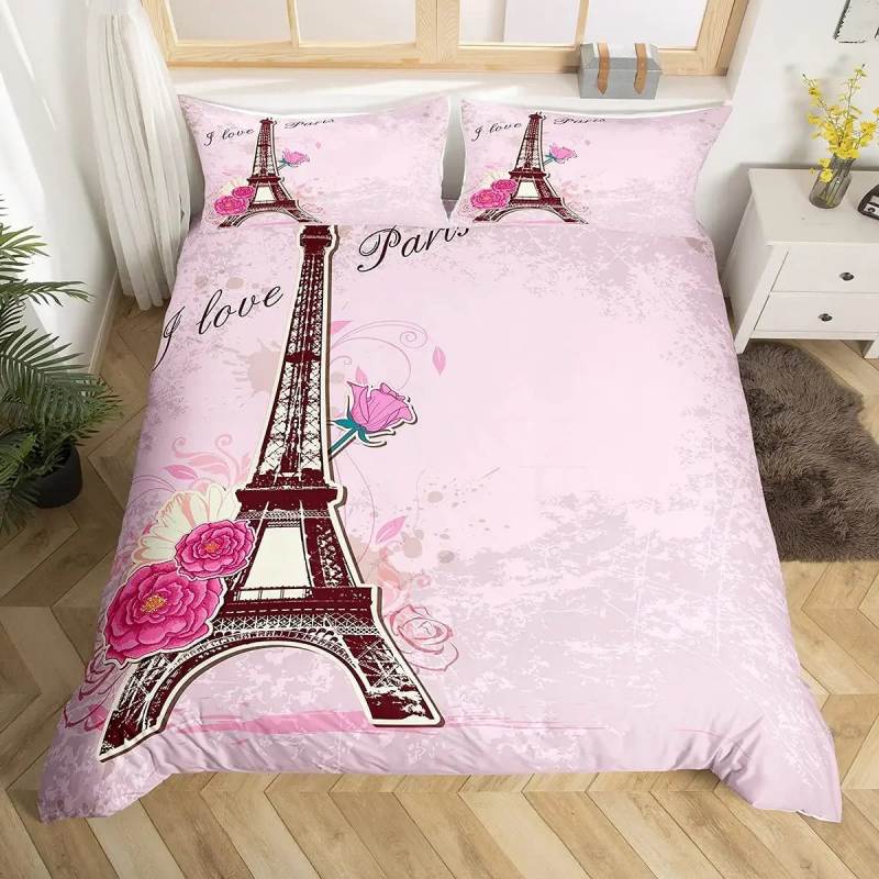 Housse de Couette la Tour Eiffel Deux Taies Rose Fille-Maisonfans.com