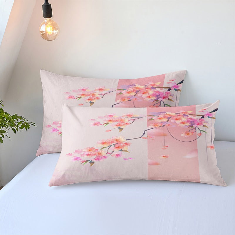 Housse de Couette Deux Taies Sakura Aquarelle Cerise Rose Japonais 