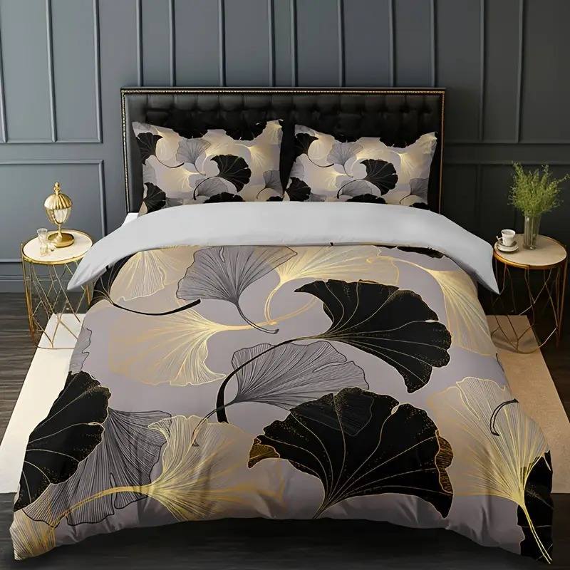Housse de Couette et Deux Taies Ginkgo Feuille Imprimée Parure de Lit