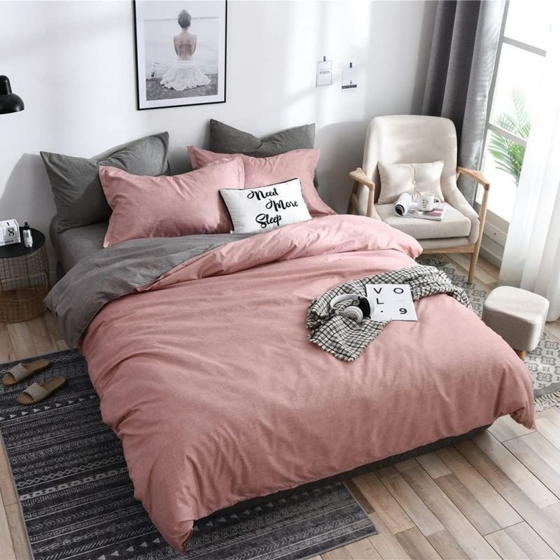 Parure Housse de Couette Unie et Deux Taies Rose Gris Réversible