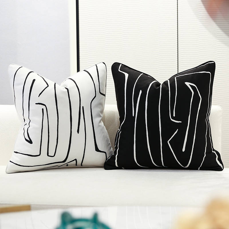 Housse de Coussin Doux Coton 45x45 Noir Blanc Ligne Lin canapé sofa