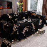 Jeté de Canapé Housse Protège-Fauteuil en Chenille Léopard 3/4 Places Noir