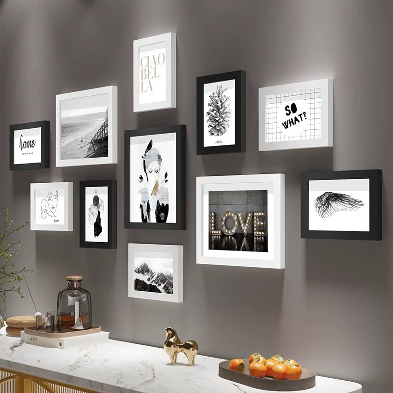 Lot de 11 Cadres Photos Bois Noir et Blanc Silhouette-maisonfans.com