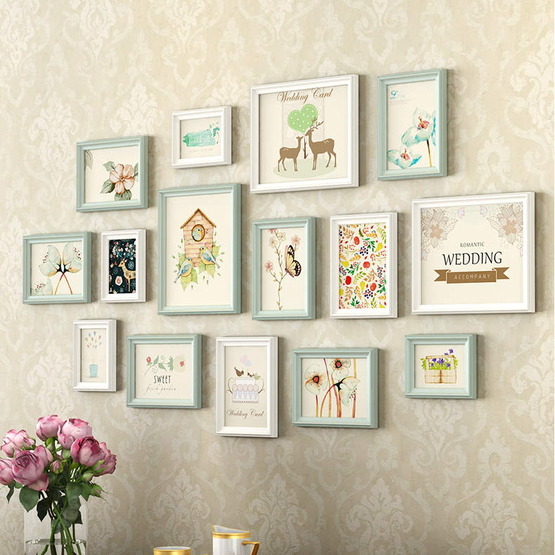 Lot de 15 Cadres Photos en Bois Alice Vert et Blanc Cadre Mural Décor