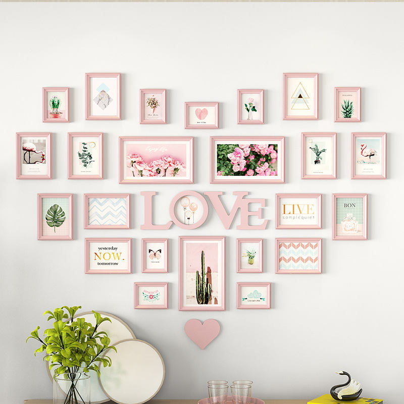 Lot de 24 Cadres Photos en Bois Nature Rose Cadre Photo Mural Amour Fille