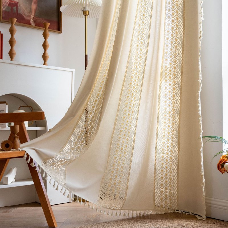 Rideau bohème tamisaant au crochet pois et pampilles tricotées vintage