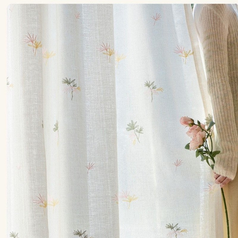 Rideau Voilage brodé de Fleurs pour Salon Lin Pissenlit Sauvage Brodé