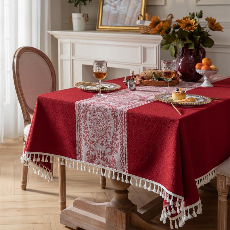Nappe Polycoton Tissage à Fleurs Rouge