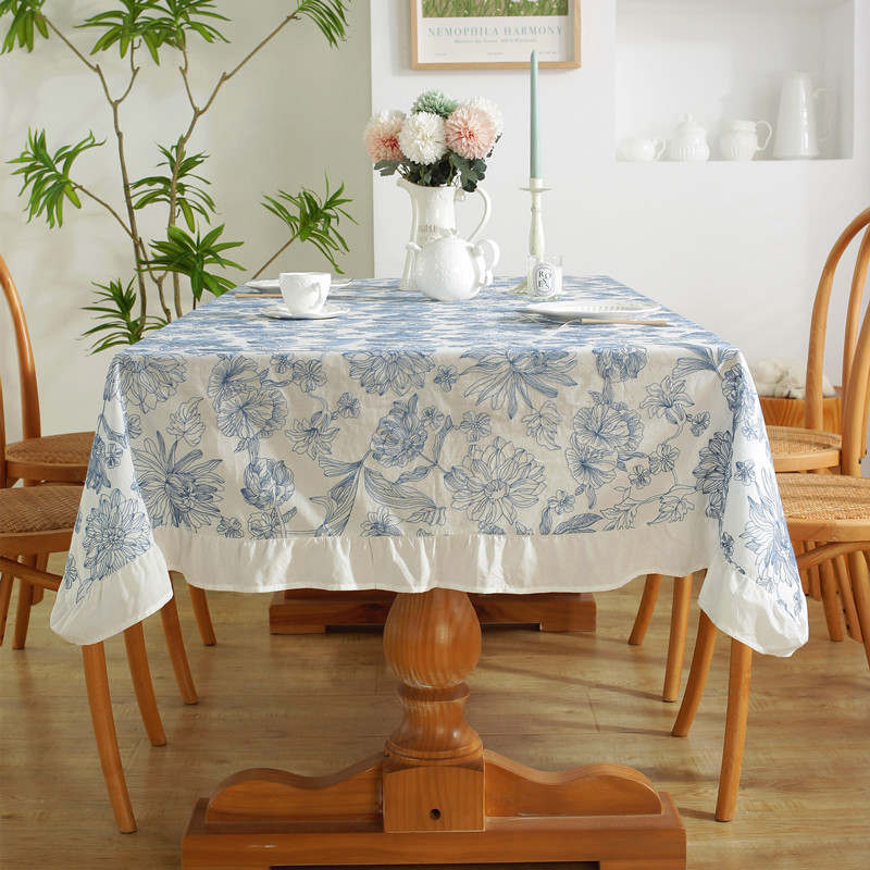 Nappe Table à Volants en Coton Fleuri Brodé Bleu Salle à Manger