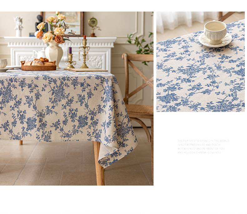 Nappe Table Lin Coton Vintage Motif Fleurie Bleue Champêtre Pastorale