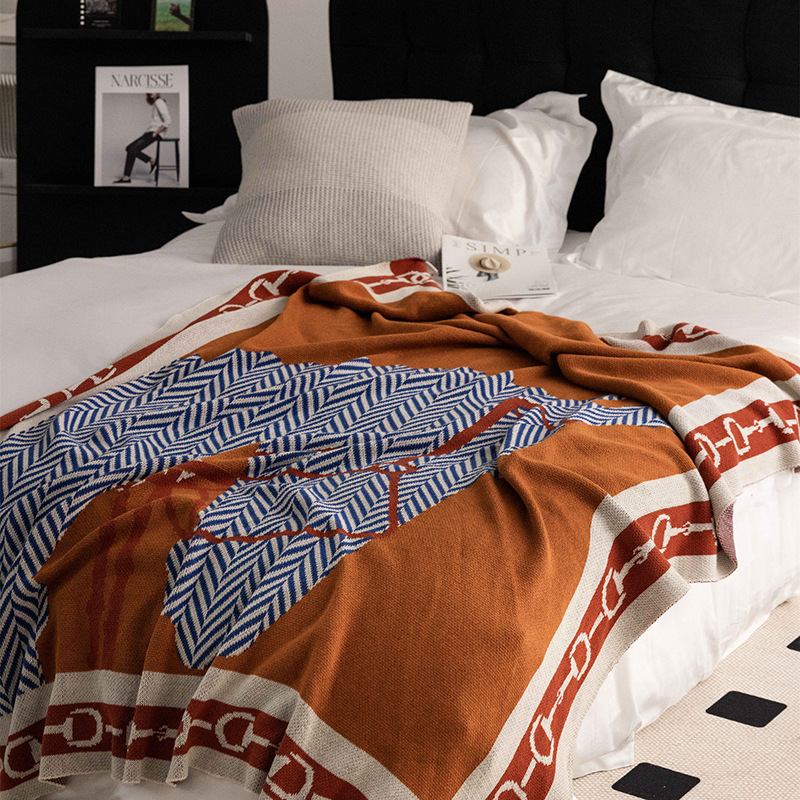 Plaid Couverture Doux Tissé Cheval Orange pour Canapé Chaise 130*160cm