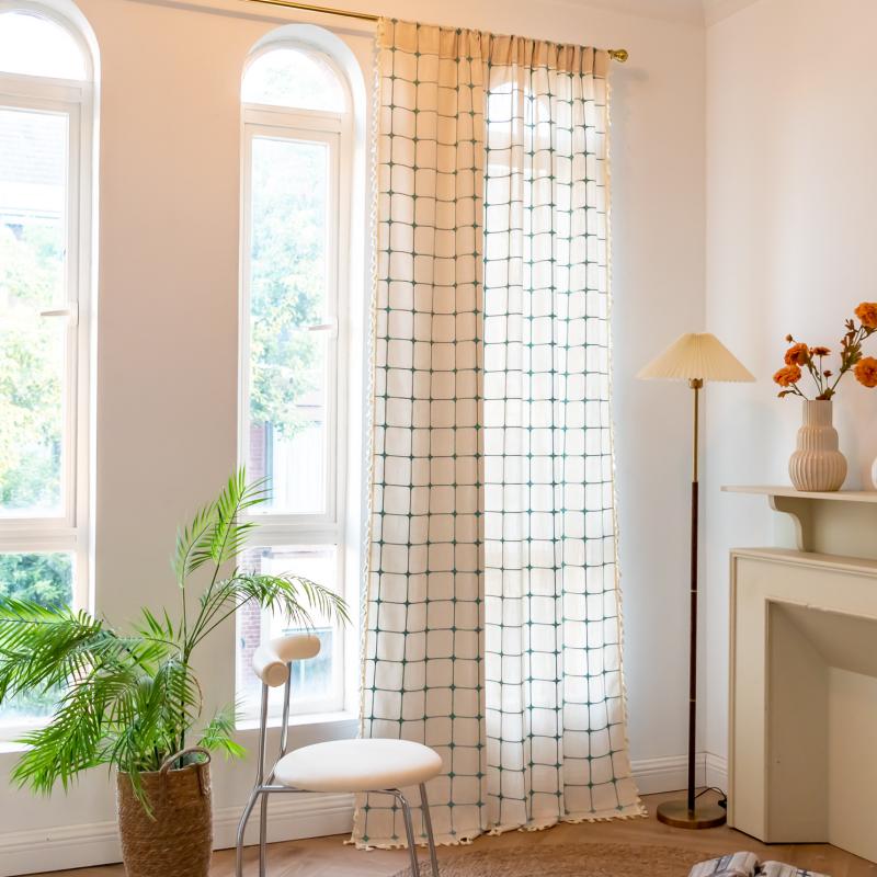 Rideau Voilage à Franges Carreaux Crème Blanc Salon Cosy-Maisonfans.com