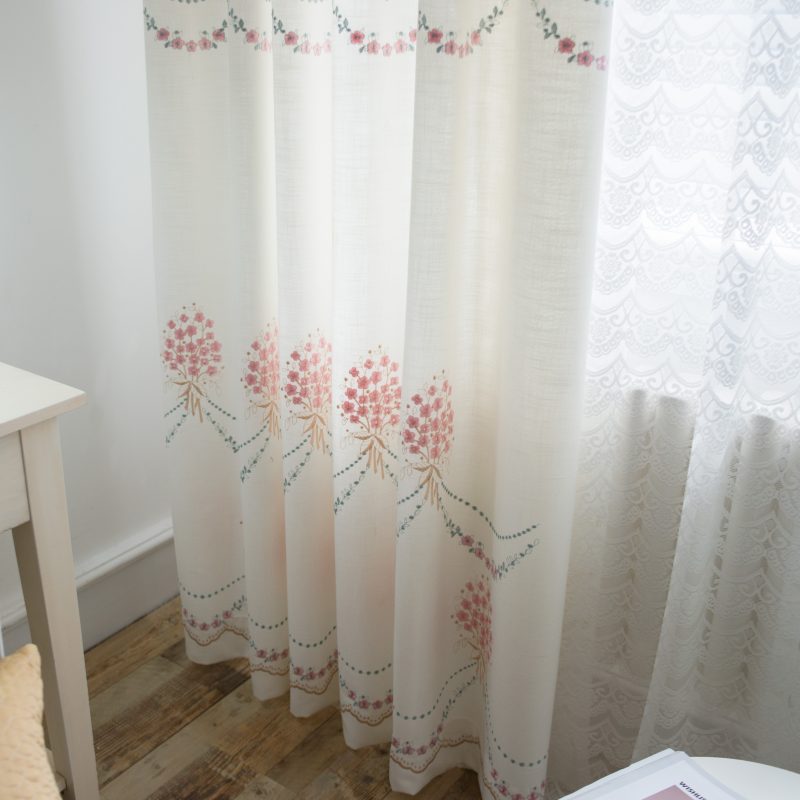 Rideau  Blanc à œillets Fleuri Bordée Rose 140 x 240cm-Maisonfans.com