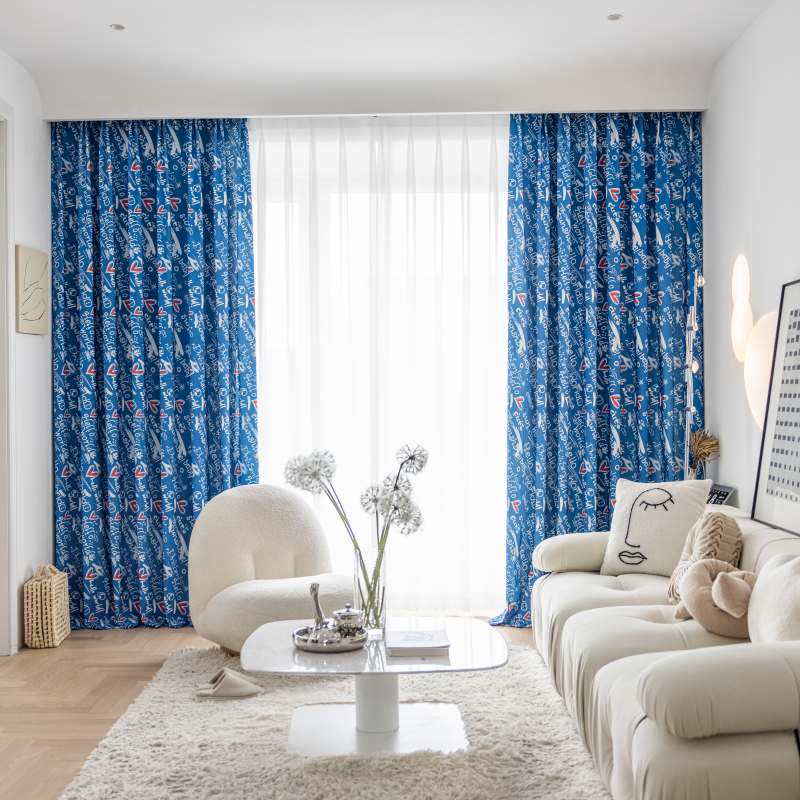 Rideau Géométrique Occultant Doodle Bleu Marine 140 X 240 cm