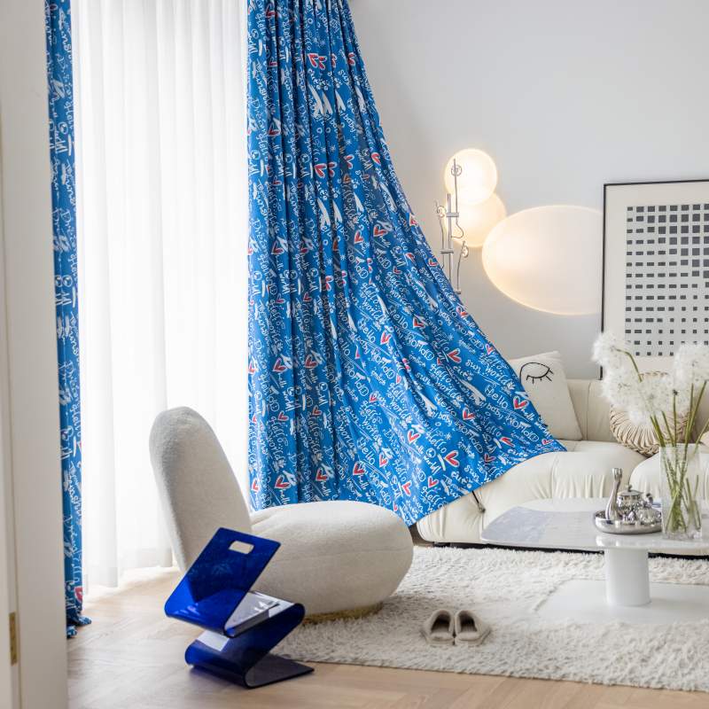 Rideau Géométrique Occultant Doodle Bleu Marine 140 X 240 cm