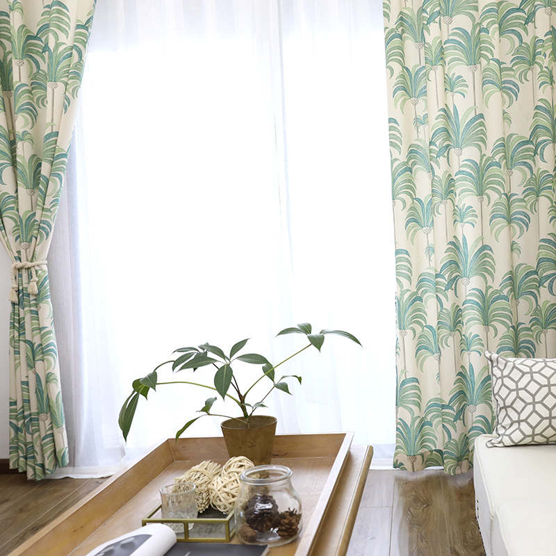 Rideau Occultant Houppe 140 X 240cm Bleu Vert Jaune Feuillage Salon