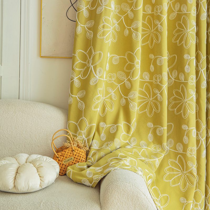 Rideau Occultant Motif Fleur Brodé Jaune ocre 140X260cm-maisonfans.com