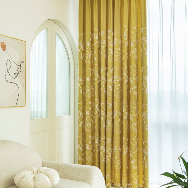 Rideau Occultant Motif Fleur Brodé Jaune ocre 140X260cm-maisonfans.com