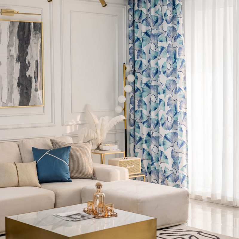 Rideau à œillets Tamisant Ginkgo 140 x H240cm Végétal Bleu Nature Salon