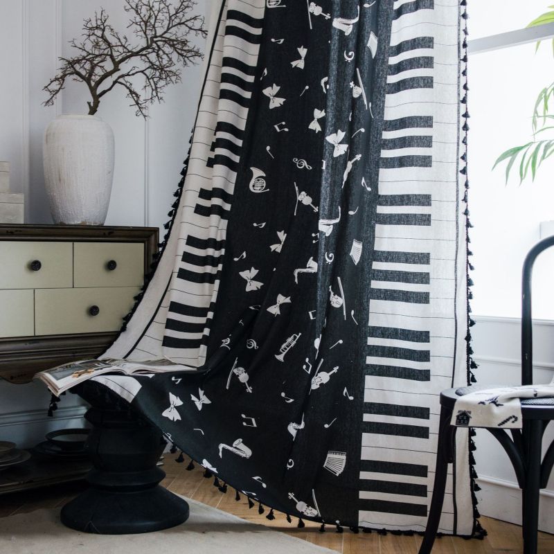 Rideau Tamisant Franges Piano Passe Tringle Noir Blanc-maisonfans.com