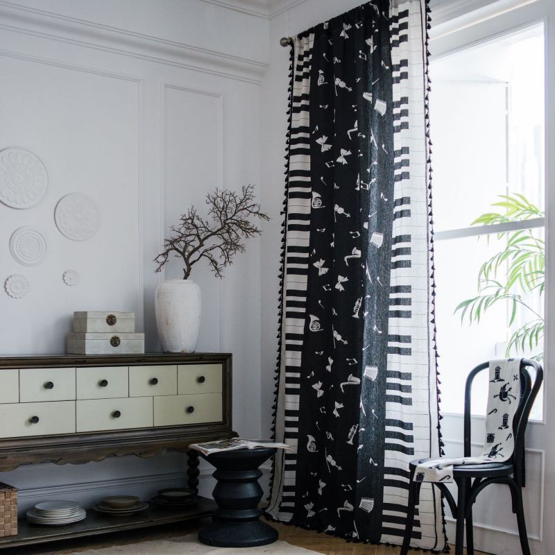 Rideau Tamisant Franges Piano Passe Tringle Noir Blanc-maisonfans.com