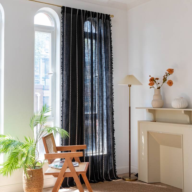 Rideau Tamisant à Franges Rayure Passe Tringle Noir Rideau Salon Déco