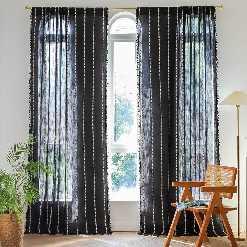Rideau Tamisant à Franges Rayure Passe Tringle Noir Rideau Salon Déco