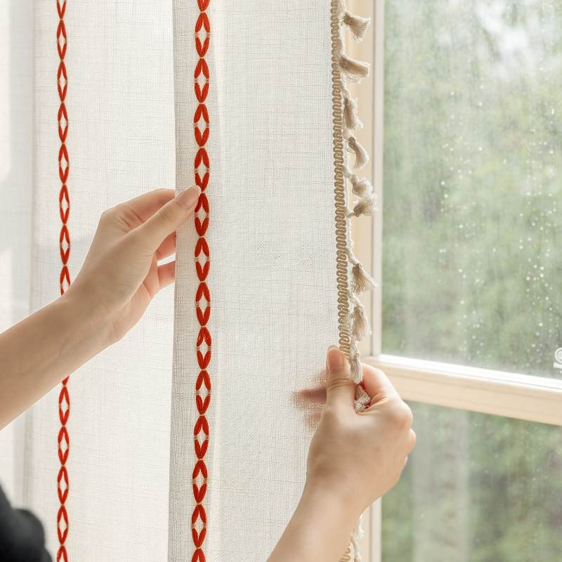 Rideau Tamisant Brodé Orange Bohémien Passe Tringle 140 x H260 cm